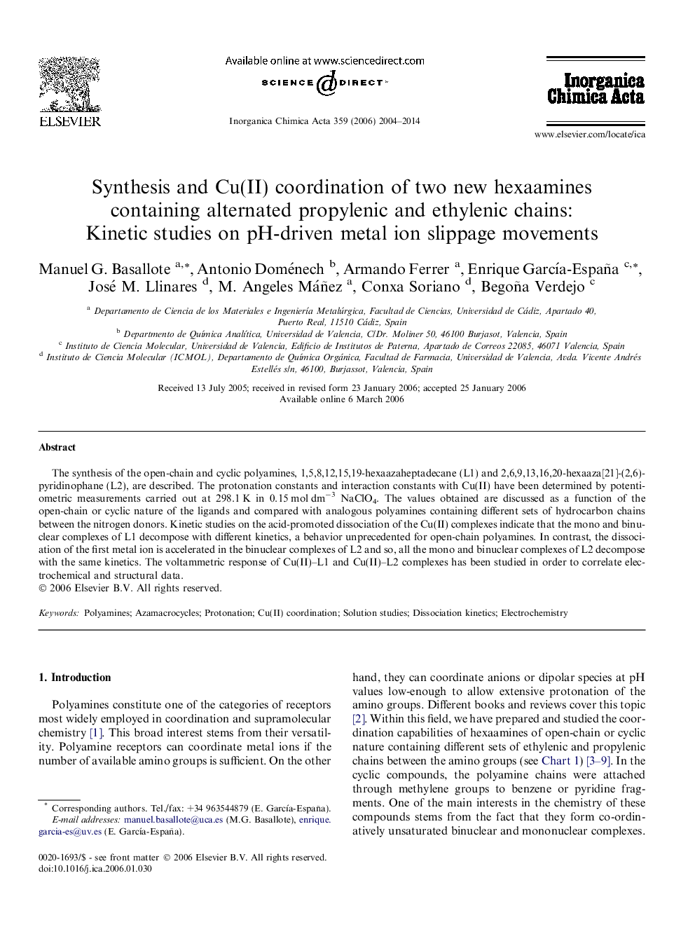 عکس صفحه اول مقاله: Synthesis and Cu(II) coordination of two new hexaamines containing alternated propylenic and ethylenic chains: Kinetic studies on pH-driven metal ion slippage movements Synthesis and Cu(II) coordination of two new hexaamines containing alternated propylenic and ethylenic chains: Kinetic studies on pH-driven metal ion slippage movements