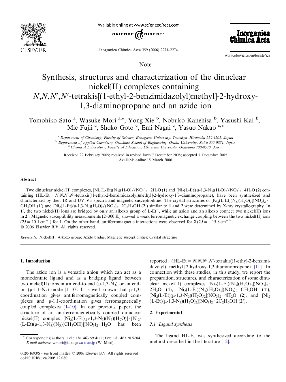 Synthesis, structures and characterization of the dinuclear nickel(II) complexes containing N,N,N′,N′-tetrakis[(1-ethyl-2-benzimidazolyl)methyl]-2-hydroxy-1,3-diaminopropane and an azide ion