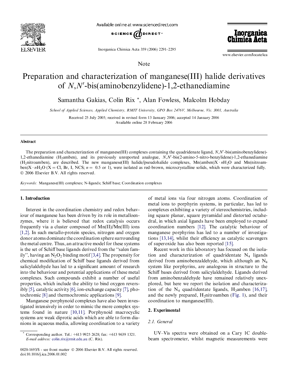 عکس صفحه اول مقاله: Preparation and characterization of manganese(III) halide derivatives of N,N′-bis(aminobenzylidene)-1,2-ethanediamine Preparation and characterization of manganese(III) halide derivatives of N,N′-bis(aminobenzylidene)-1,2-ethanediamine