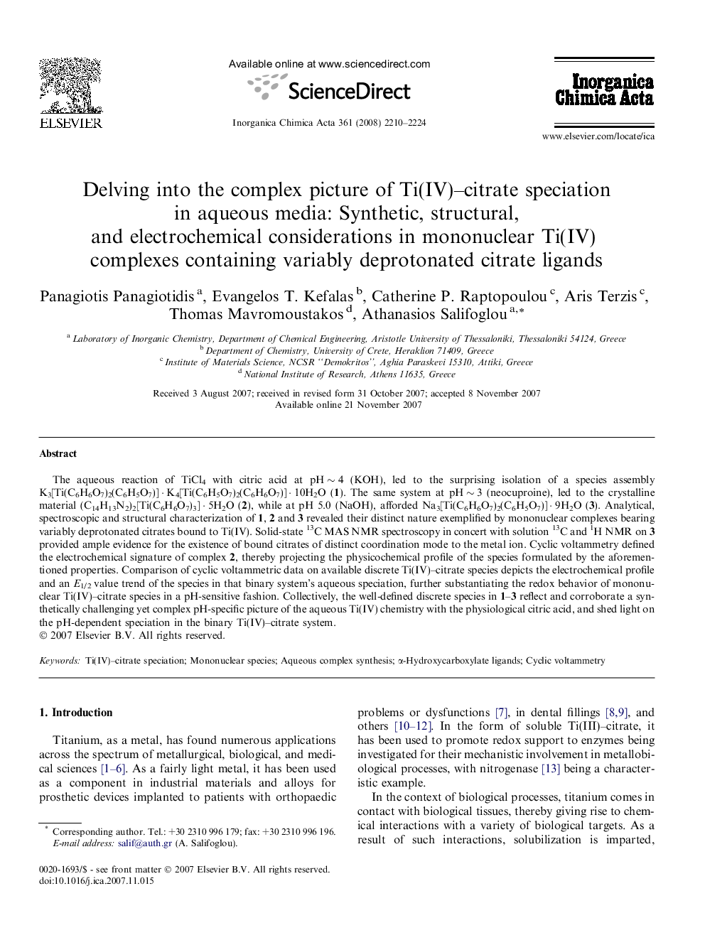 Delving into the complex picture of Ti(IV)–citrate speciation in aqueous media: Synthetic, structural, and electrochemical considerations in mononuclear Ti(IV) complexes containing variably deprotonated citrate ligands