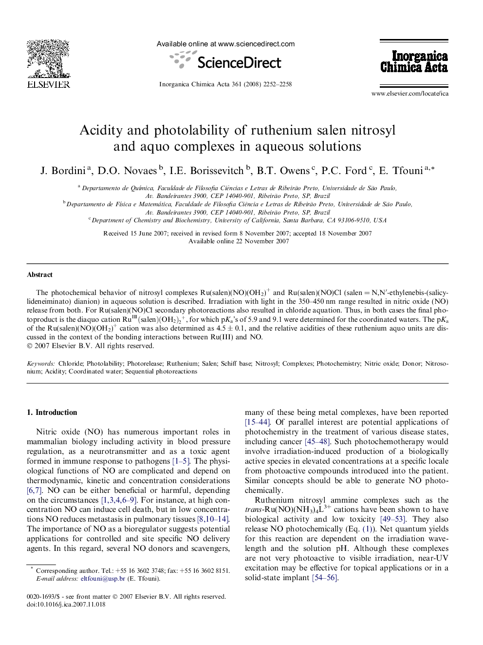 Acidity and photolability of ruthenium salen nitrosyl and aquo complexes in aqueous solutions