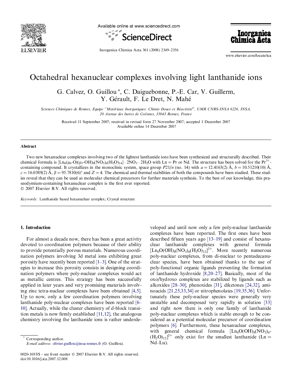 عکس صفحه اول مقاله: Octahedral hexanuclear complexes involving light lanthanide ions Octahedral hexanuclear complexes involving light lanthanide ions
