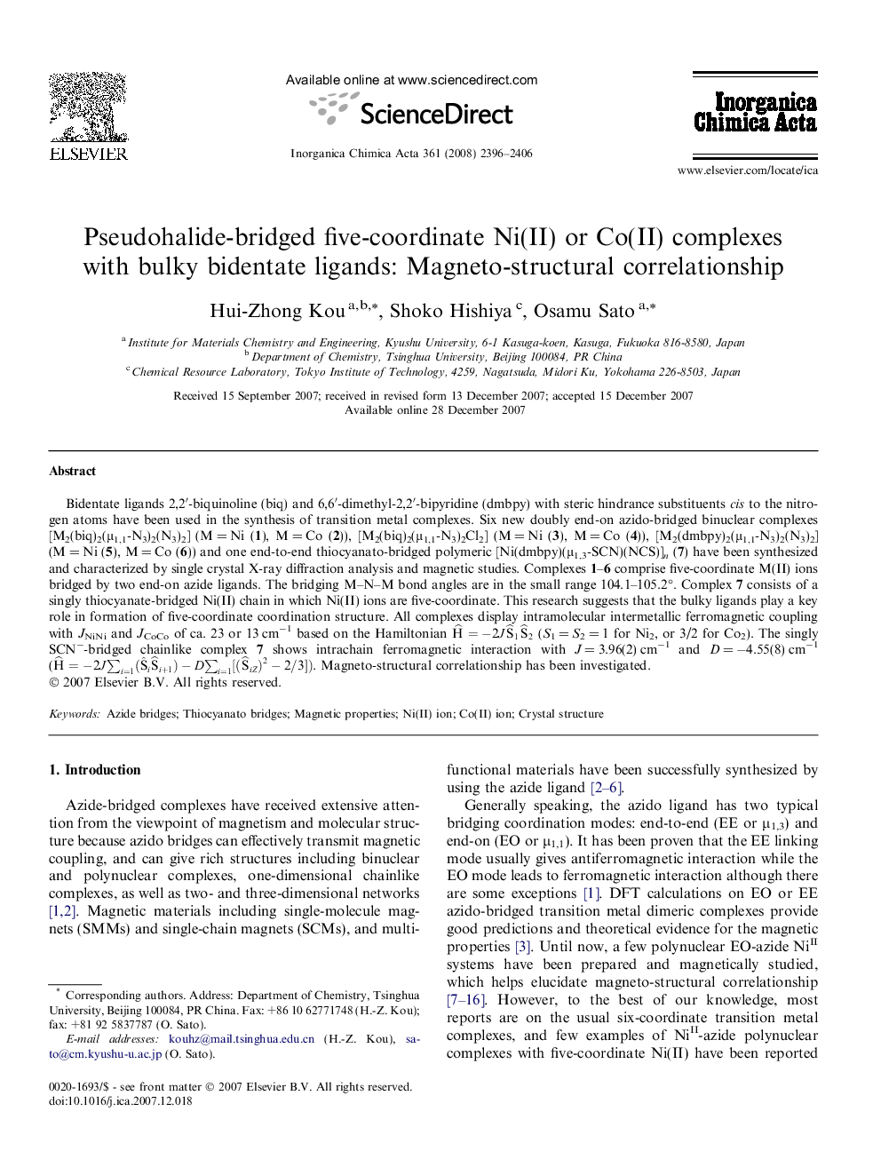 عکس صفحه اول مقاله: Pseudohalide-bridged five-coordinate Ni(II) or Co(II) complexes with bulky bidentate ligands: Magneto-structural correlationship Pseudohalide-bridged five-coordinate Ni(II) or Co(II) complexes with bulky bidentate ligands: Magneto-structural correlationship