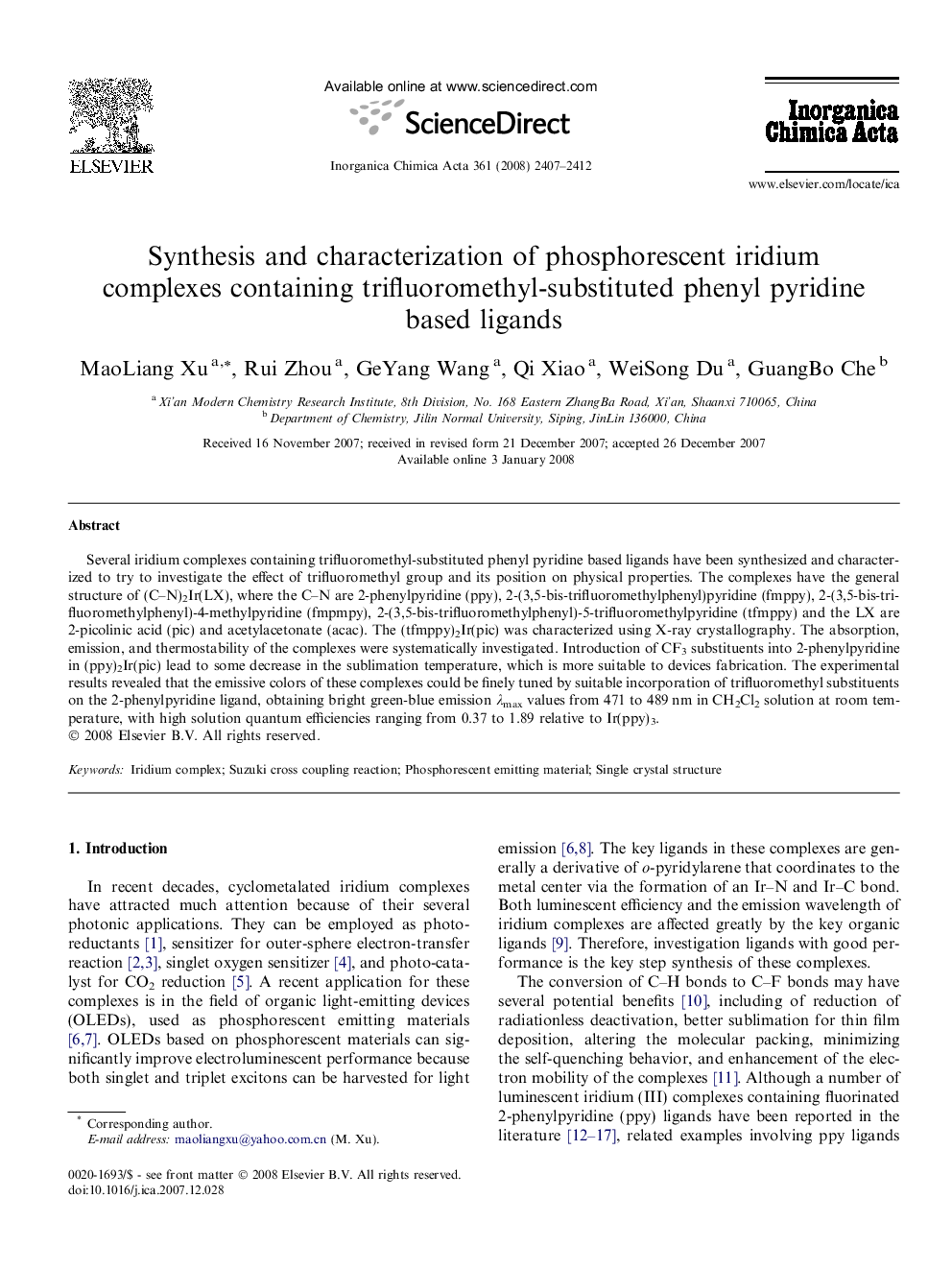 Synthesis and characterization of phosphorescent iridium complexes containing trifluoromethyl-substituted phenyl pyridine based ligands