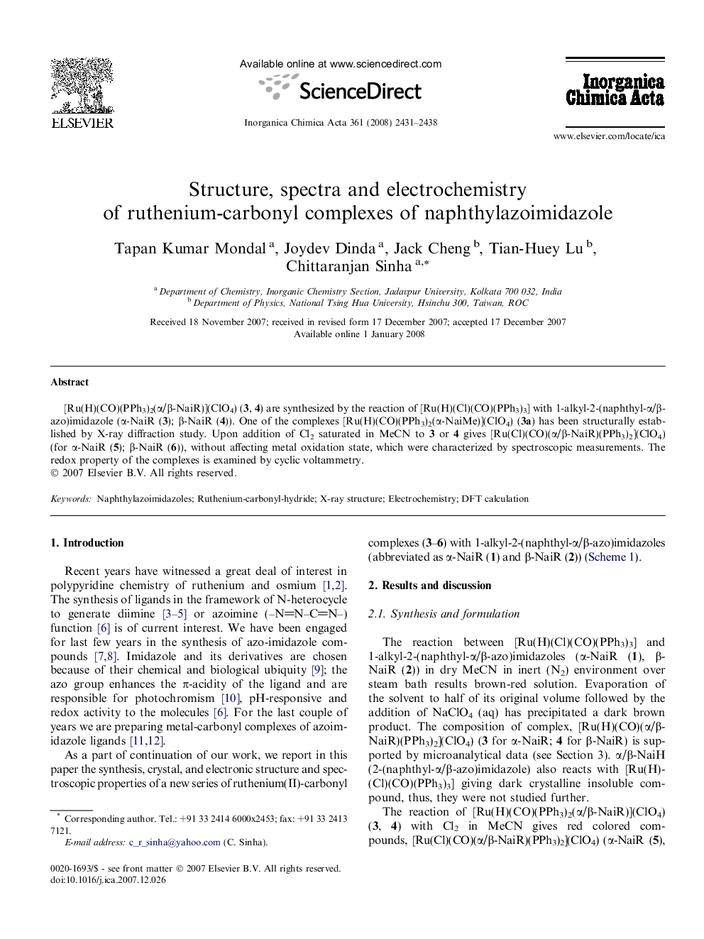 Structure, spectra and electrochemistry of ruthenium-carbonyl complexes of naphthylazoimidazole