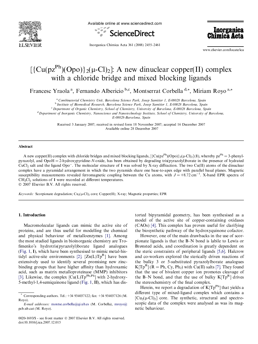 [{Cu(pzPh)(Opo)}2(μ-Cl)2]: A new dinuclear copper(II) complex with a chloride bridge and mixed blocking ligands