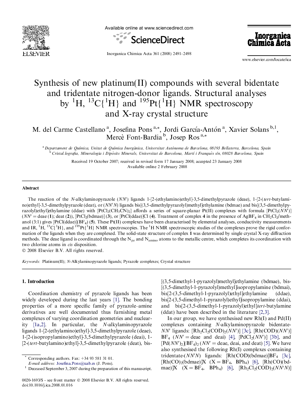 Synthesis of new platinum(II) compounds with several bidentate and tridentate nitrogen-donor ligands. Structural analyses by 1H, 13C{1H} and 195Pt{1H} NMR spectroscopy and X-ray crystal structure