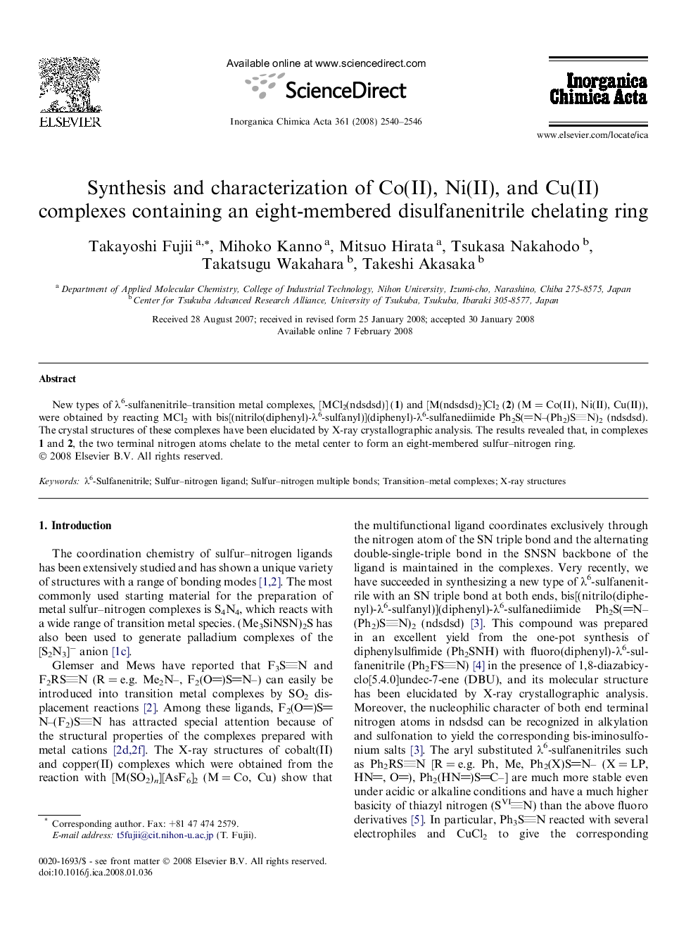 Synthesis and characterization of Co(II), Ni(II), and Cu(II) complexes containing an eight-membered disulfanenitrile chelating ring