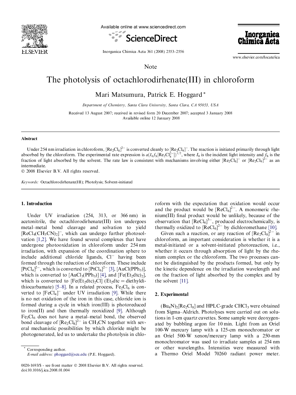 The photolysis of octachlorodirhenate(III) in chloroform
