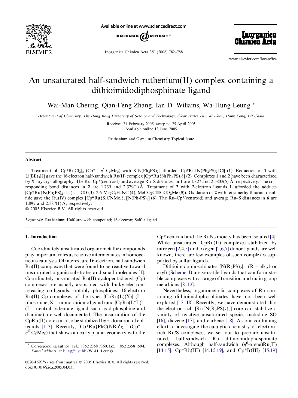 An unsaturated half-sandwich ruthenium(II) complex containing a dithioimidodiphosphinate ligand