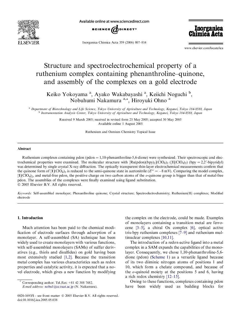 عکس صفحه اول مقاله: Structure and spectroelectrochemical property of a ruthenium complex containing phenanthroline–quinone, and assembly of the complexes on a gold electrode Structure and spectroelectrochemical property of a ruthenium complex containing phenanthroline–quinone, and assembly of the complexes on a gold electrode