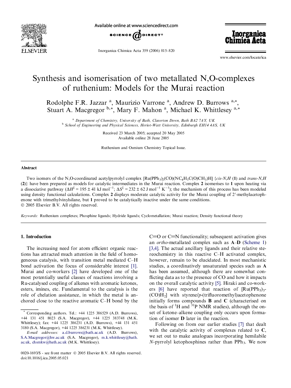 عکس صفحه اول مقاله: Synthesis and isomerisation of two metallated N,O-complexes of ruthenium: Models for the Murai reaction Synthesis and isomerisation of two metallated N,O-complexes of ruthenium: Models for the Murai reaction