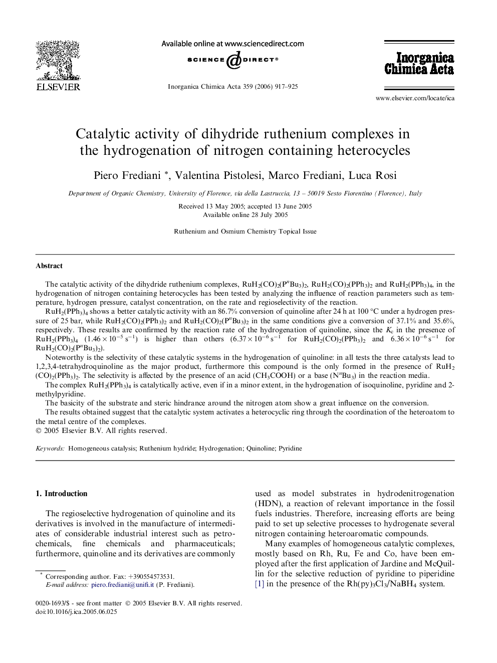 عکس صفحه اول مقاله: Catalytic activity of dihydride ruthenium complexes in the hydrogenation of nitrogen containing heterocycles Catalytic activity of dihydride ruthenium complexes in the hydrogenation of nitrogen containing heterocycles