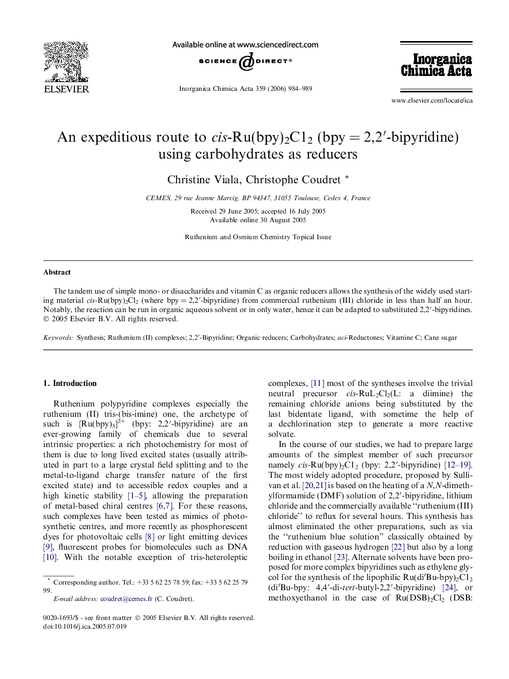 An expeditious route to cis-Ru(bpy)2C12 (bpy = 2,2′-bipyridine) using carbohydrates as reducers