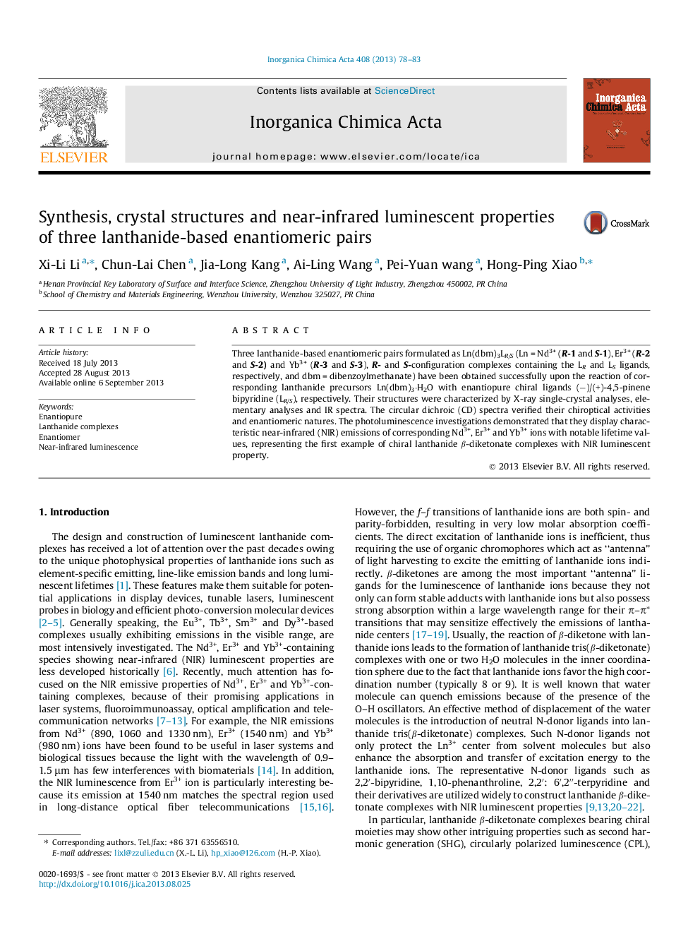 عکس صفحه اول مقاله: Synthesis, crystal structures and near-infrared luminescent properties of three lanthanide-based enantiomeric pairs Synthesis, crystal structures and near-infrared luminescent properties of three lanthanide-based enantiomeric pairs