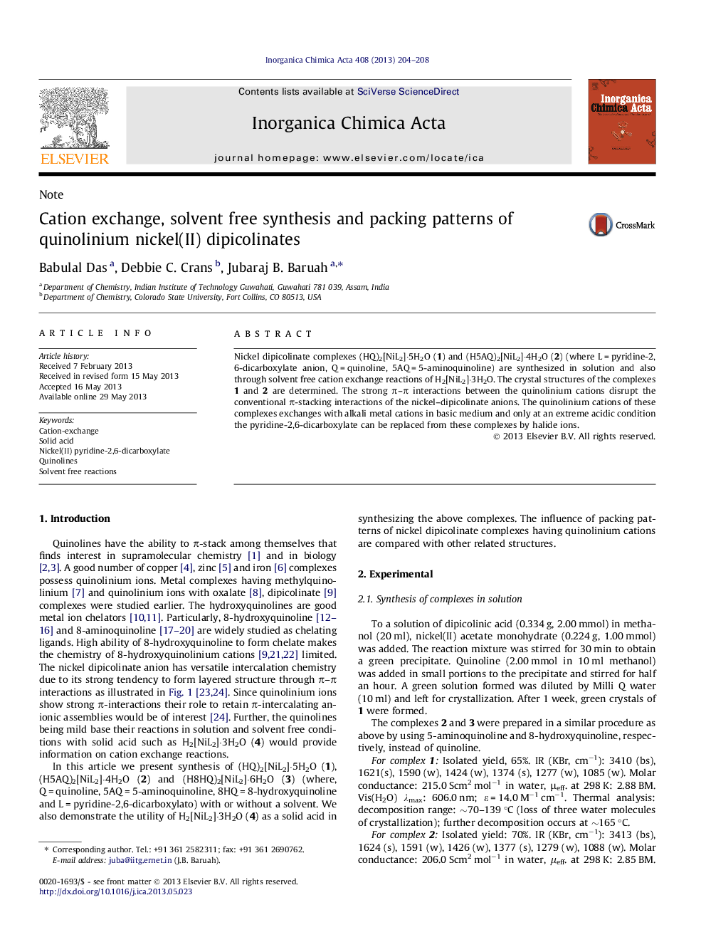 Cation exchange, solvent free synthesis and packing patterns of quinolinium nickel(II) dipicolinates