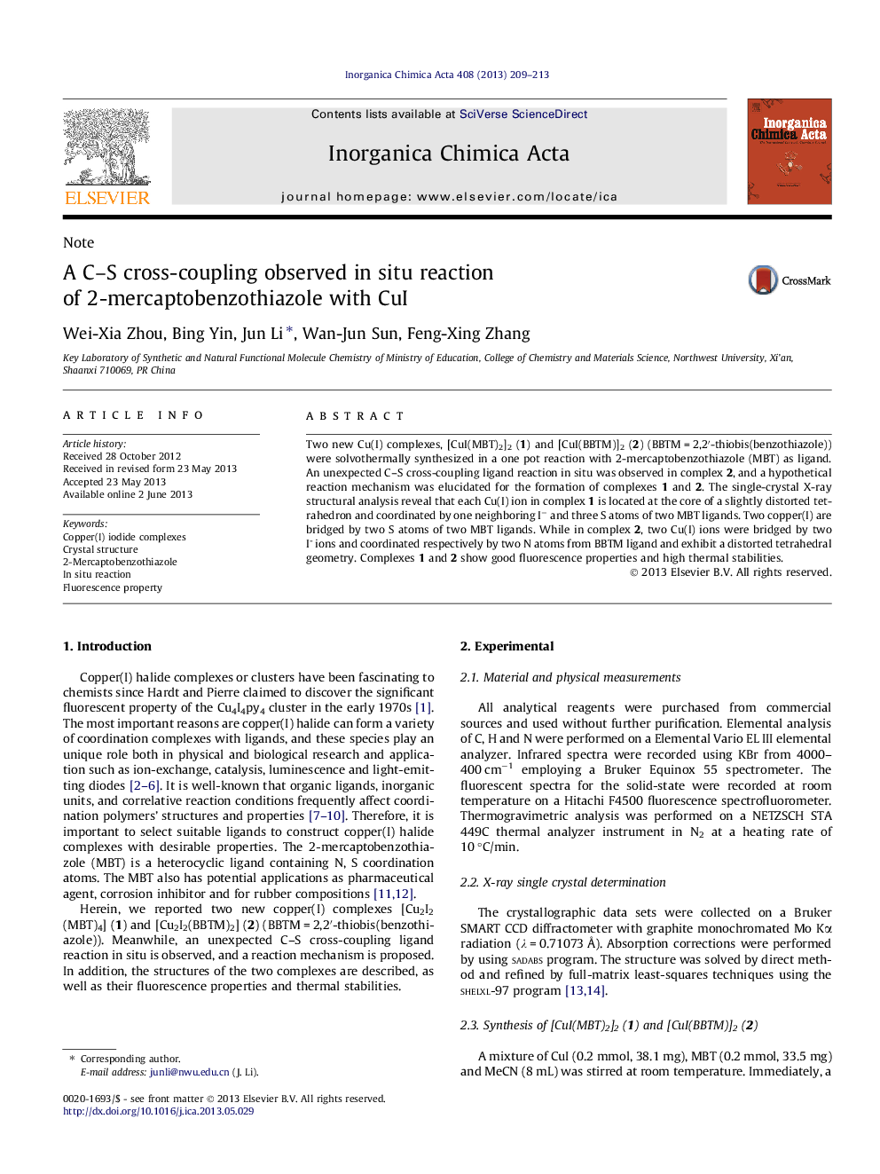 A C-S cross-coupling observed in situ reaction of 2-mercaptobenzothiazole with CuI