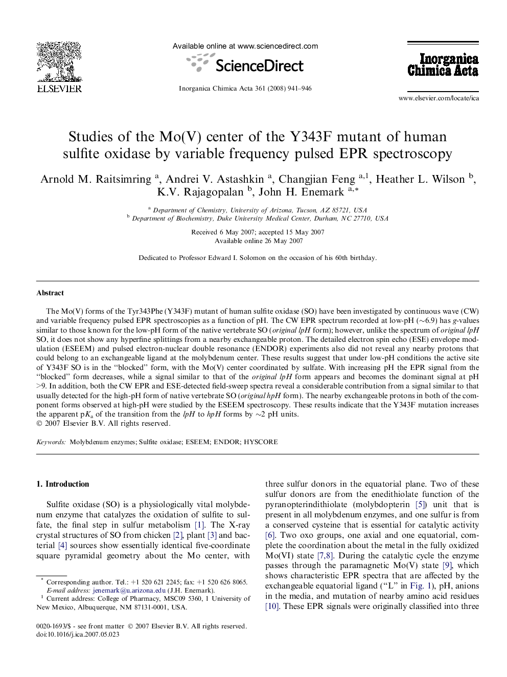 Studies of the Mo(V) center of the Y343F mutant of human sulfite oxidase by variable frequency pulsed EPR spectroscopy