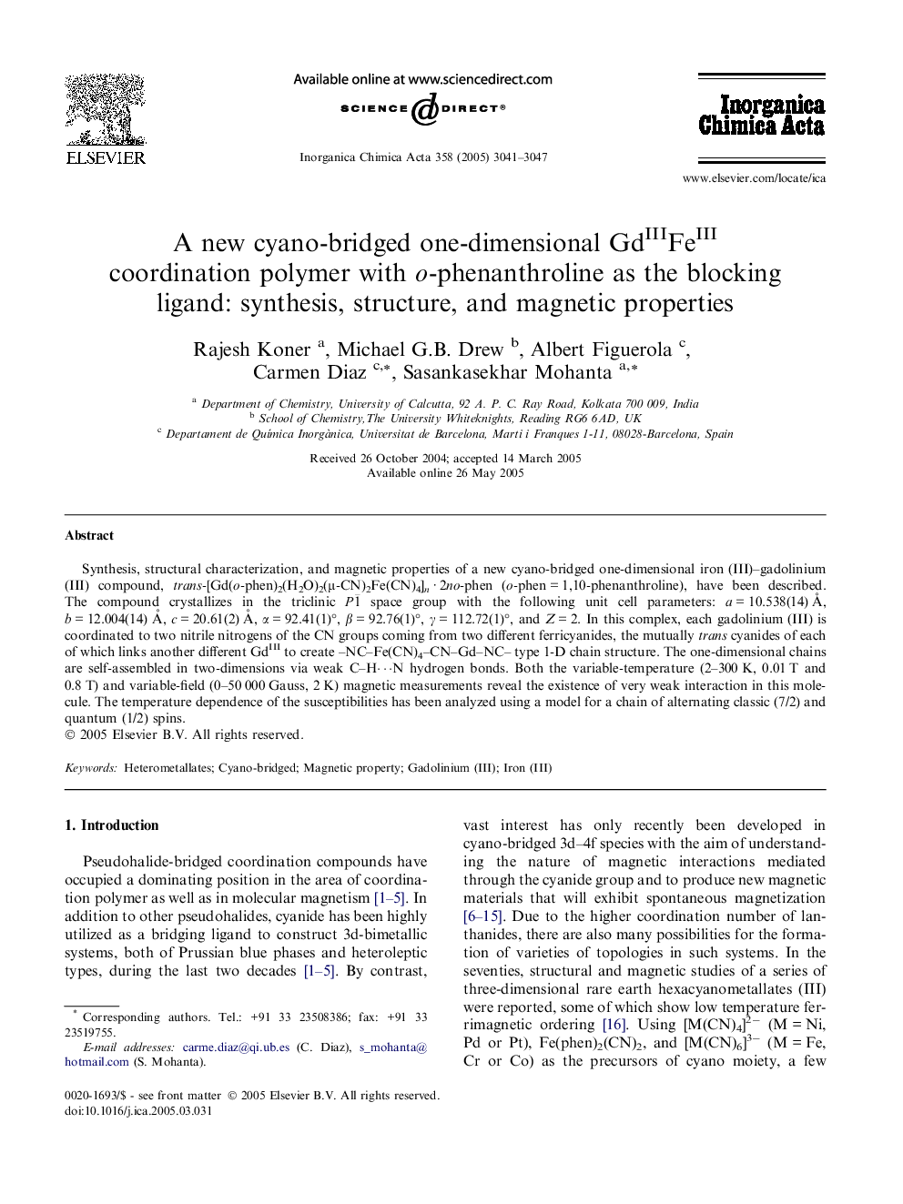 A new cyano-bridged one-dimensional GdIIIFeIII coordination polymer with o-phenanthroline as the blocking ligand: synthesis, structure, and magnetic properties