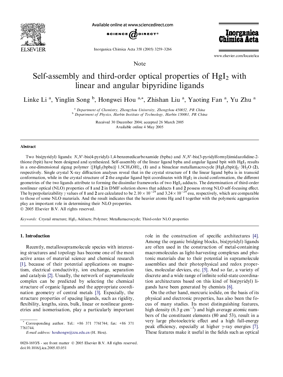 Self-assembly and third-order optical properties of HgI2 with linear and angular bipyridine ligands