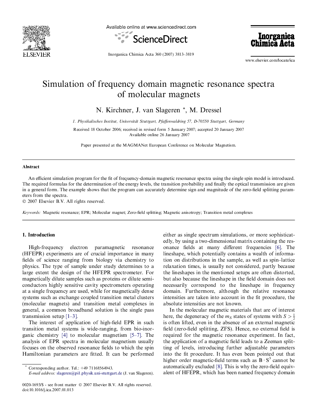 عکس صفحه اول مقاله: Simulation of frequency domain magnetic resonance spectra of molecular magnets Simulation of frequency domain magnetic resonance spectra of molecular magnets