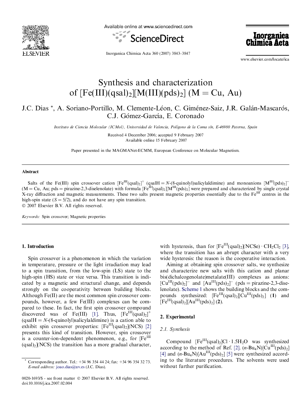 Synthesis and characterization of [Fe(III)(qsal)2][M(III)(pds)2] (M = Cu, Au)