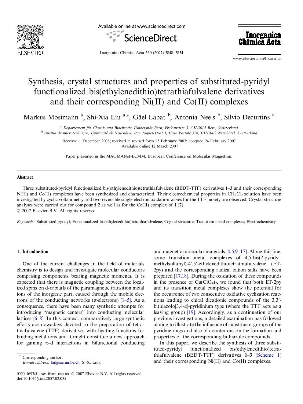 عکس صفحه اول مقاله: Synthesis, crystal structures and properties of substituted-pyridyl functionalized bis(ethylenedithio)tetrathiafulvalene derivatives and their corresponding Ni(II) and Co(II) complexes Synthesis, crystal structures and properties of substituted-pyridyl functionalized bis(ethylenedithio)tetrathiafulvalene derivatives and their corresponding Ni(II) and Co(II) complexes