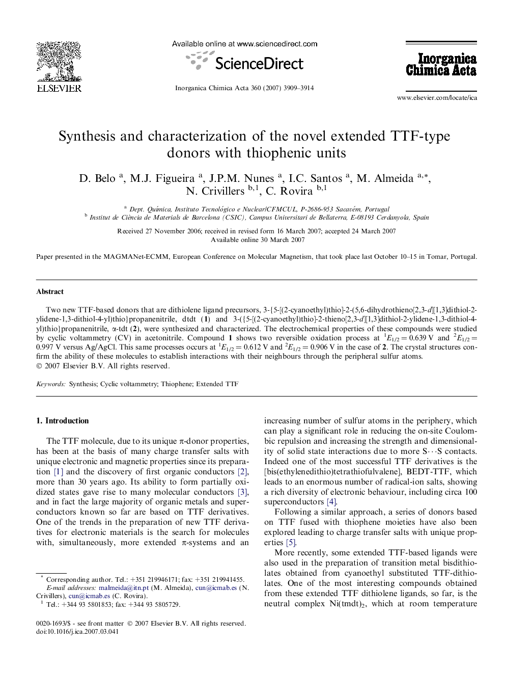 عکس صفحه اول مقاله: Synthesis and characterization of the novel extended TTF-type donors with thiophenic units Synthesis and characterization of the novel extended TTF-type donors with thiophenic units
