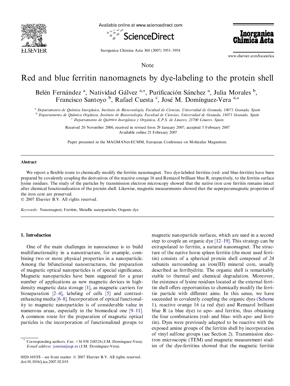 Red and blue ferritin nanomagnets by dye-labeling to the protein shell