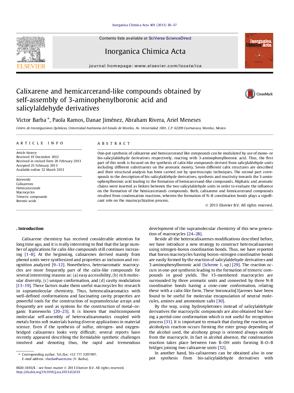 Calixarene and hemicarcerand-like compounds obtained by self-assembly of 3-aminophenylboronic acid and salicylaldehyde derivatives