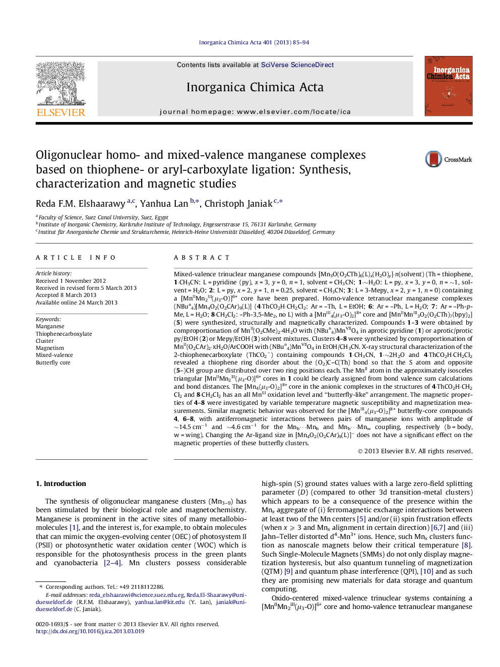 Oligonuclear homo- and mixed-valence manganese complexes based on thiophene- or aryl-carboxylate ligation: Synthesis, characterization and magnetic studies