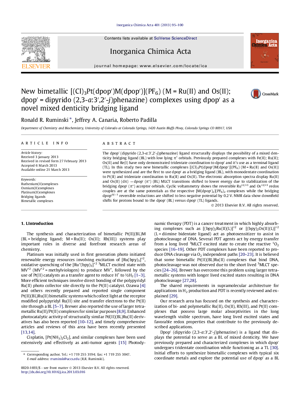 New bimetallic [(Cl)3Pt(dpop′)M(dpop′)](PF6) (M = Ru(II) and Os(II); dpop′ = dipyrido (2,3-a:3′,2′-j)phenazine) complexes using dpop′ as a novel mixed denticity bridging ligand