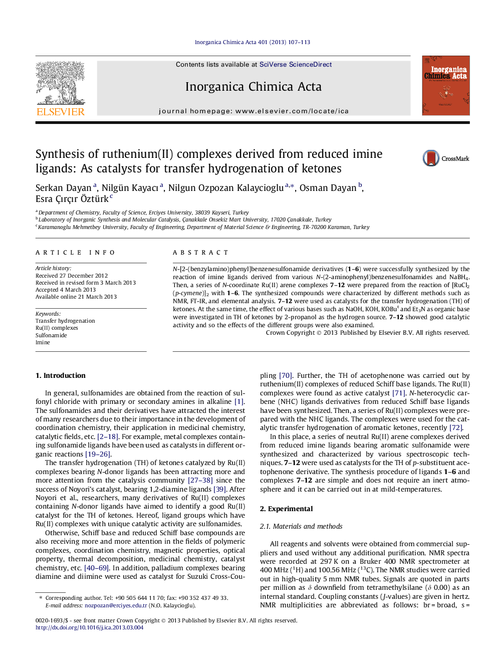 عکس صفحه اول مقاله: Synthesis of ruthenium(II) complexes derived from reduced imine ligands: As catalysts for transfer hydrogenation of ketones Synthesis of ruthenium(II) complexes derived from reduced imine ligands: As catalysts for transfer hydrogenation of ketones