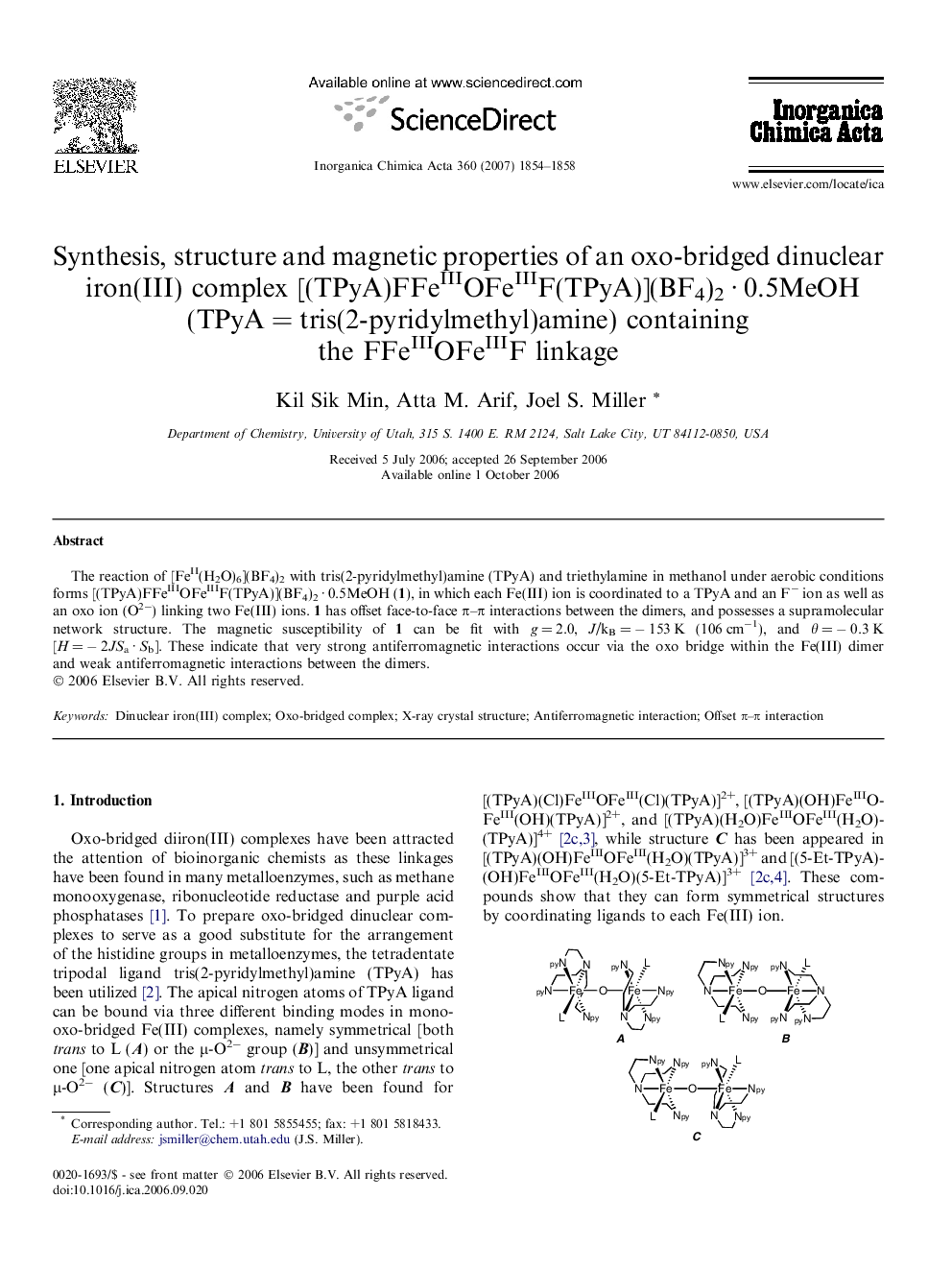 Synthesis, structure and magnetic properties of an oxo-bridged dinuclear iron(III) complex [(TPyA)FFeIIIOFeIIIF(TPyA)](BF4)2 · 0.5MeOH (TPyA = tris(2-pyridylmethyl)amine) containing the FFeIIIOFeIIIF linkage