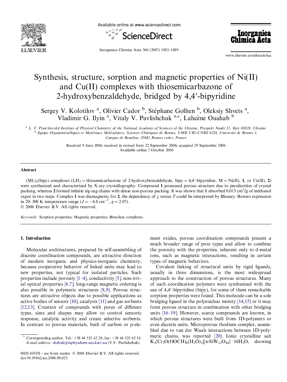 Synthesis, structure, sorption and magnetic properties of Ni(II) and Cu(II) complexes with thiosemicarbazone of 2-hydroxybenzaldehyde, bridged by 4,4′-bipyridine