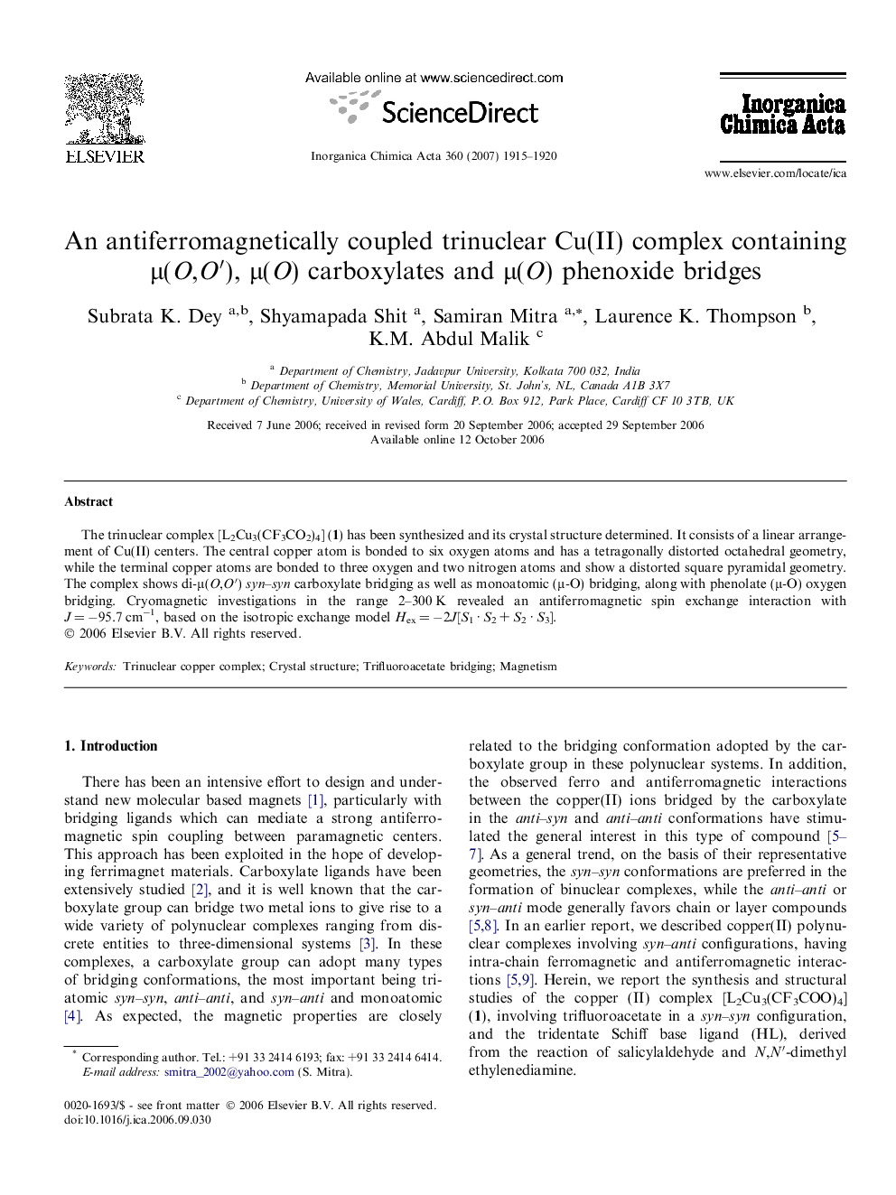 An antiferromagnetically coupled trinuclear Cu(II) complex containing μ(O,O′), μ(O) carboxylates and μ(O) phenoxide bridges