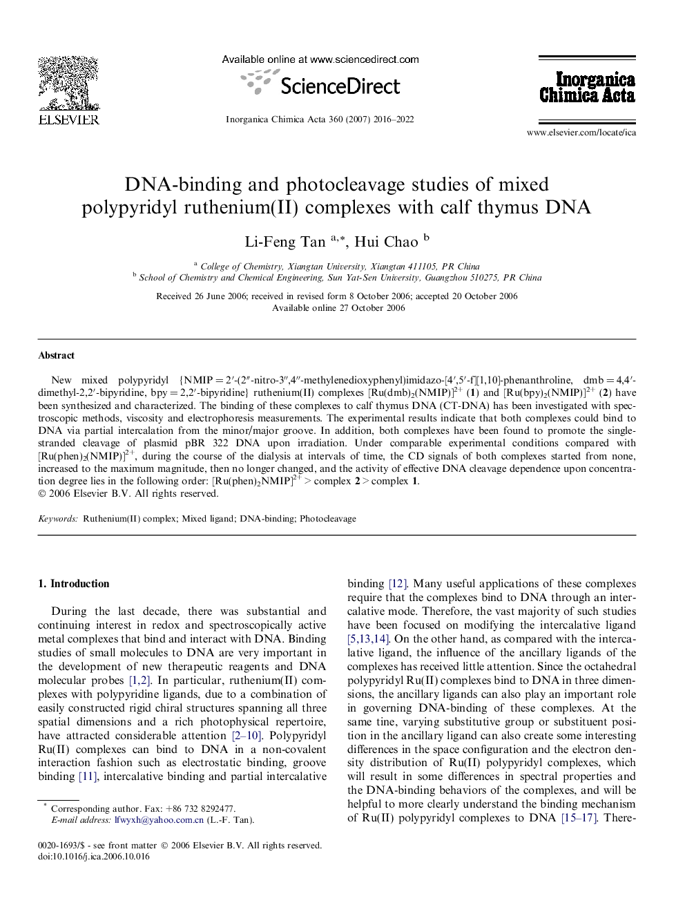 DNA-binding and photocleavage studies of mixed polypyridyl ruthenium(II) complexes with calf thymus DNA