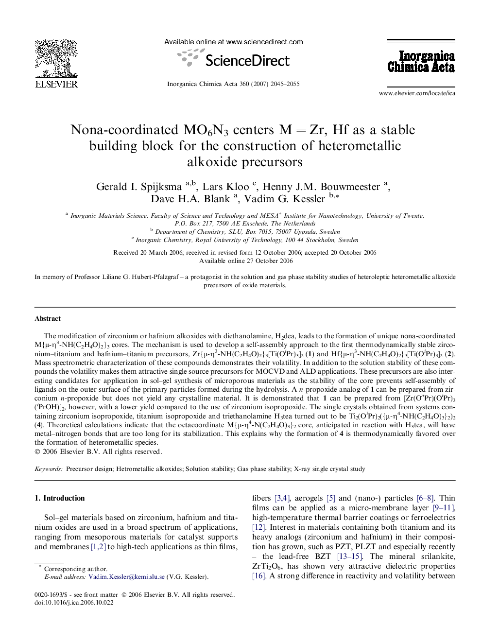 Nona-coordinated MO6N3 centers M = Zr, Hf as a stable building block for the construction of heterometallic alkoxide precursors