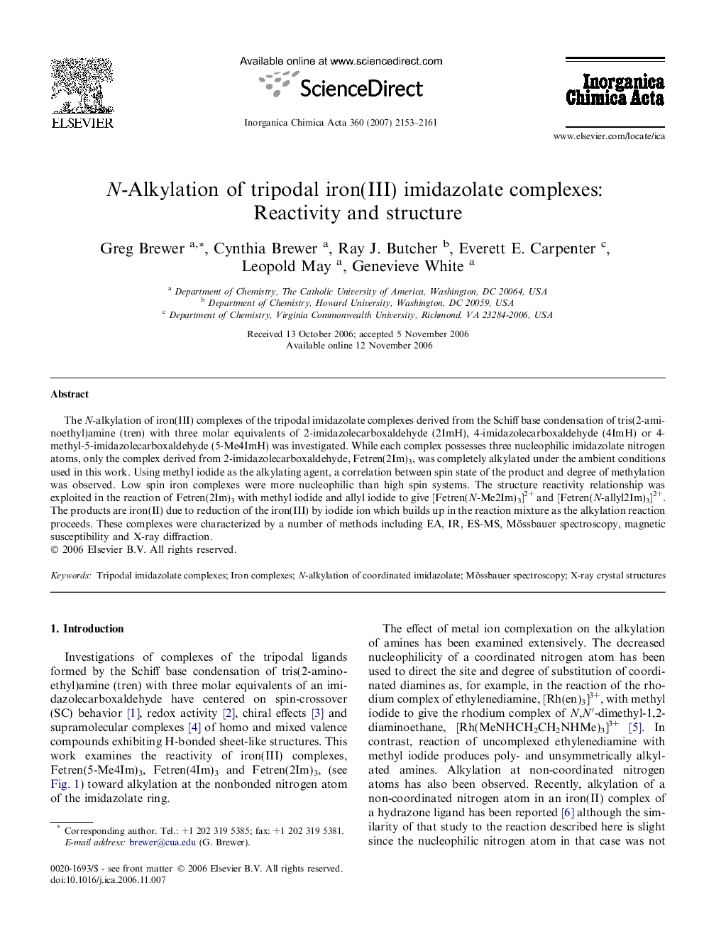 N-Alkylation of tripodal iron(III) imidazolate complexes: Reactivity and structure