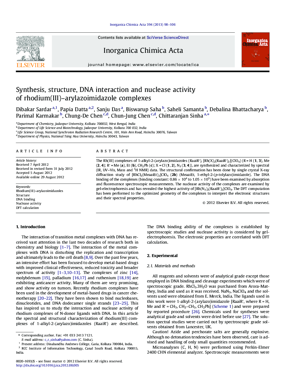 Synthesis, structure, DNA interaction and nuclease activity of rhodium(III)–arylazoimidazole complexes