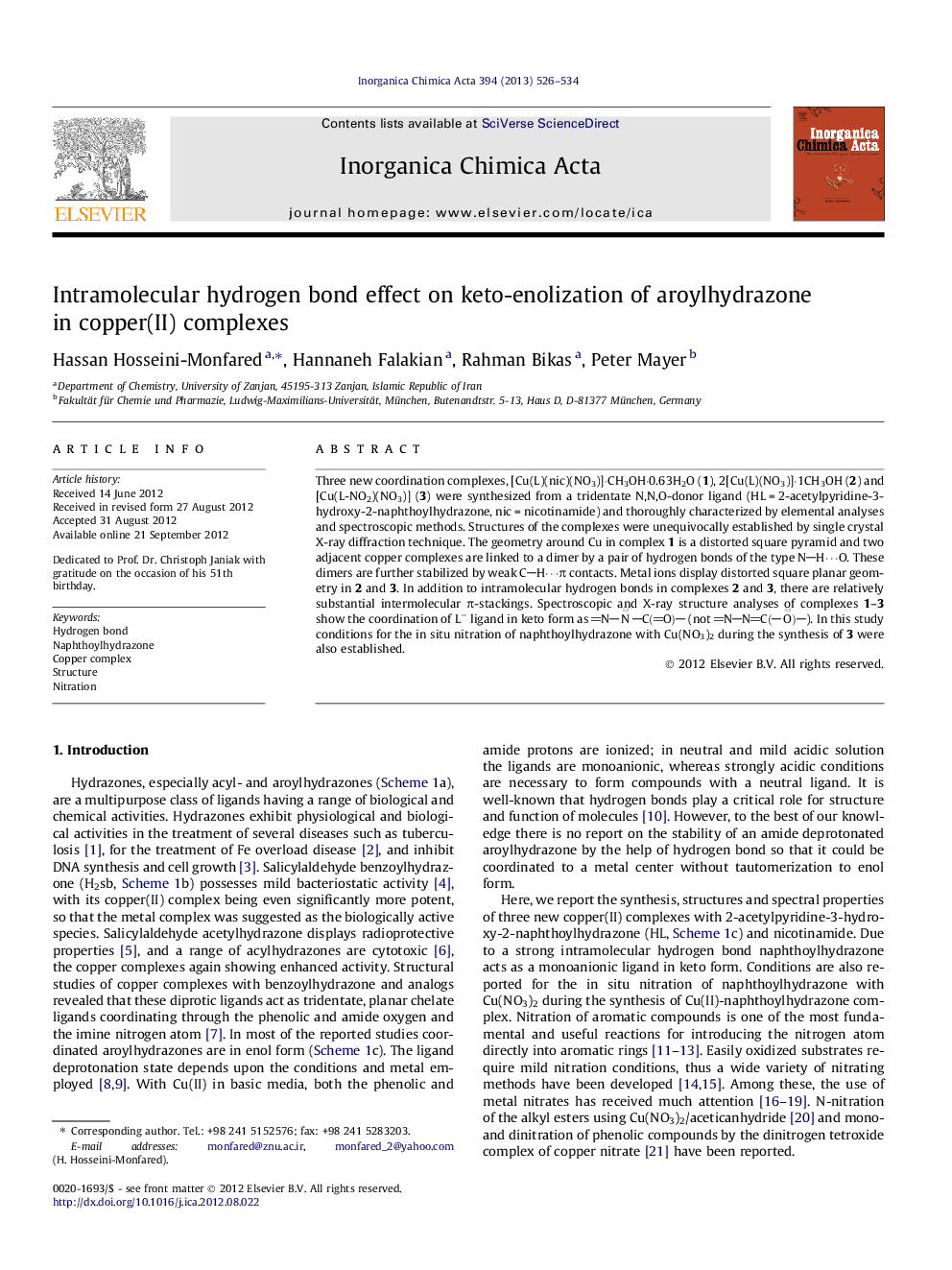 Intramolecular hydrogen bond effect on keto-enolization of aroylhydrazone in copper(II) complexes