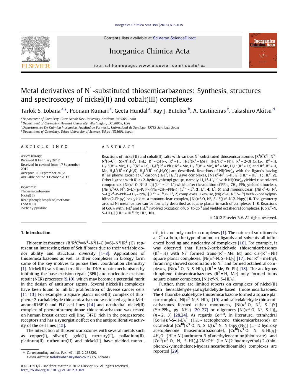 Metal derivatives of N1-substituted thiosemicarbazones: Synthesis, structures and spectroscopy of nickel(II) and cobalt(III) complexes