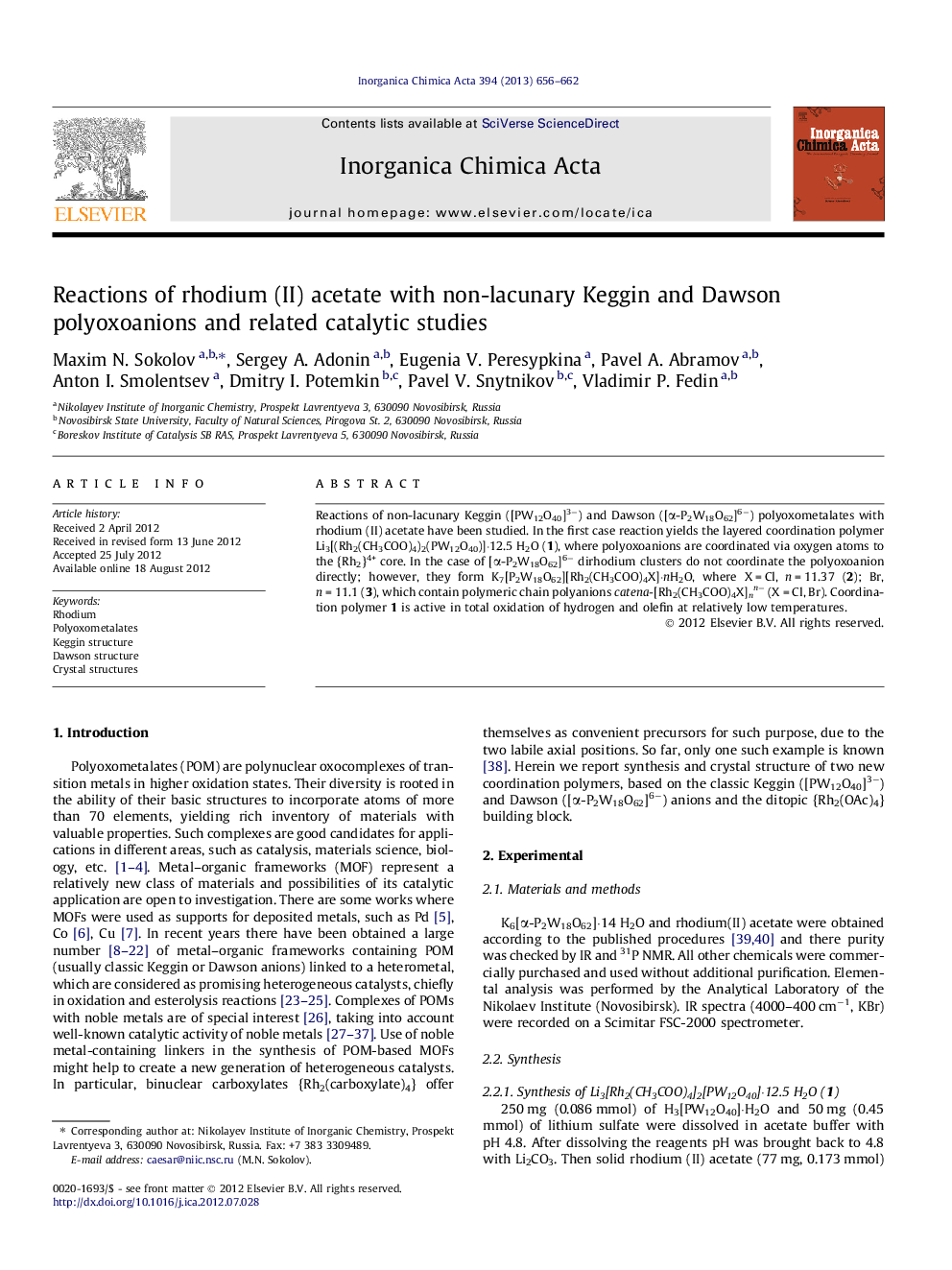 Reactions of rhodium (II) acetate with non-lacunary Keggin and Dawson polyoxoanions and related catalytic studies