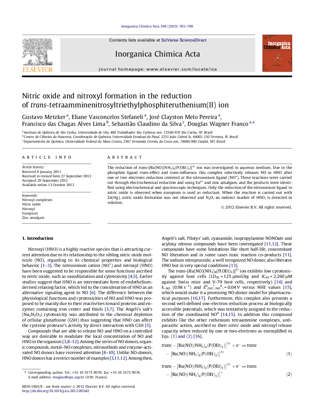 Nitric oxide and nitroxyl formation in the reduction of trans-tetraamminenitrosyltriethylphosphiteruthenium(II) ion