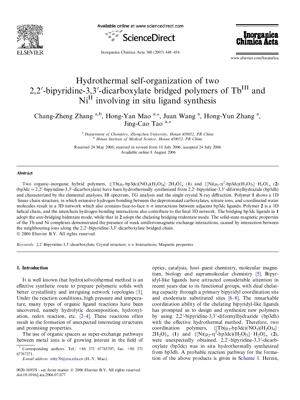 Hydrothermal self-organization of two 2,2′-bipyridine-3,3′-dicarboxylate bridged polymers of TbIII and NiII involving in situ ligand synthesis