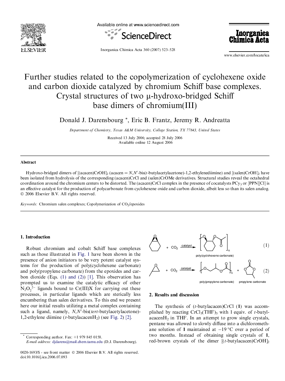 Further studies related to the copolymerization of cyclohexene oxide and carbon dioxide catalyzed by chromium Schiff base complexes. Crystal structures of two μ-hydroxo-bridged Schiff base dimers of chromium(III)