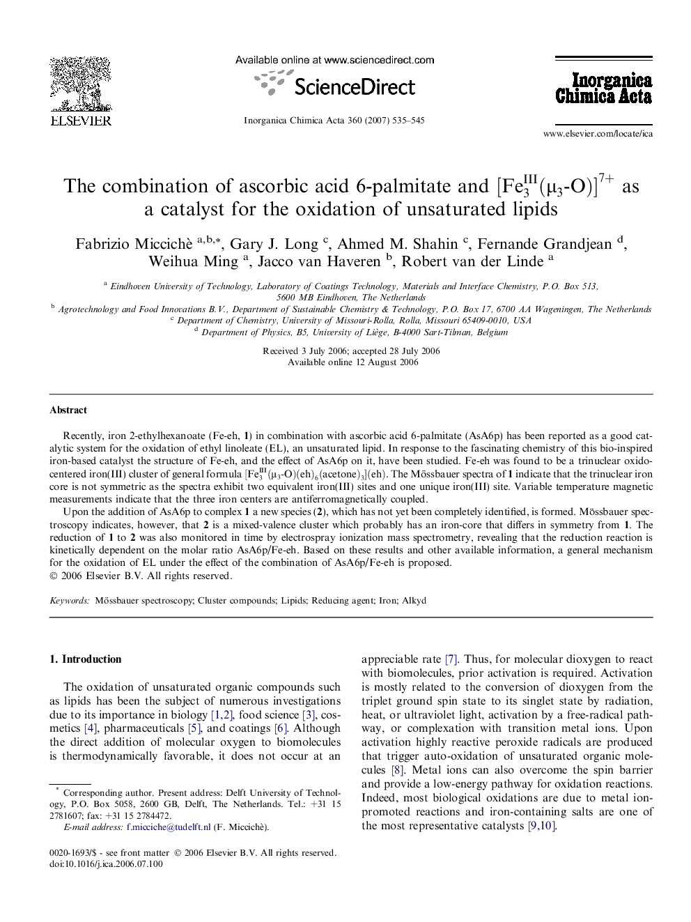 The combination of ascorbic acid 6-palmitate and [Fe3III(μ3-O)]7+ as a catalyst for the oxidation of unsaturated lipids