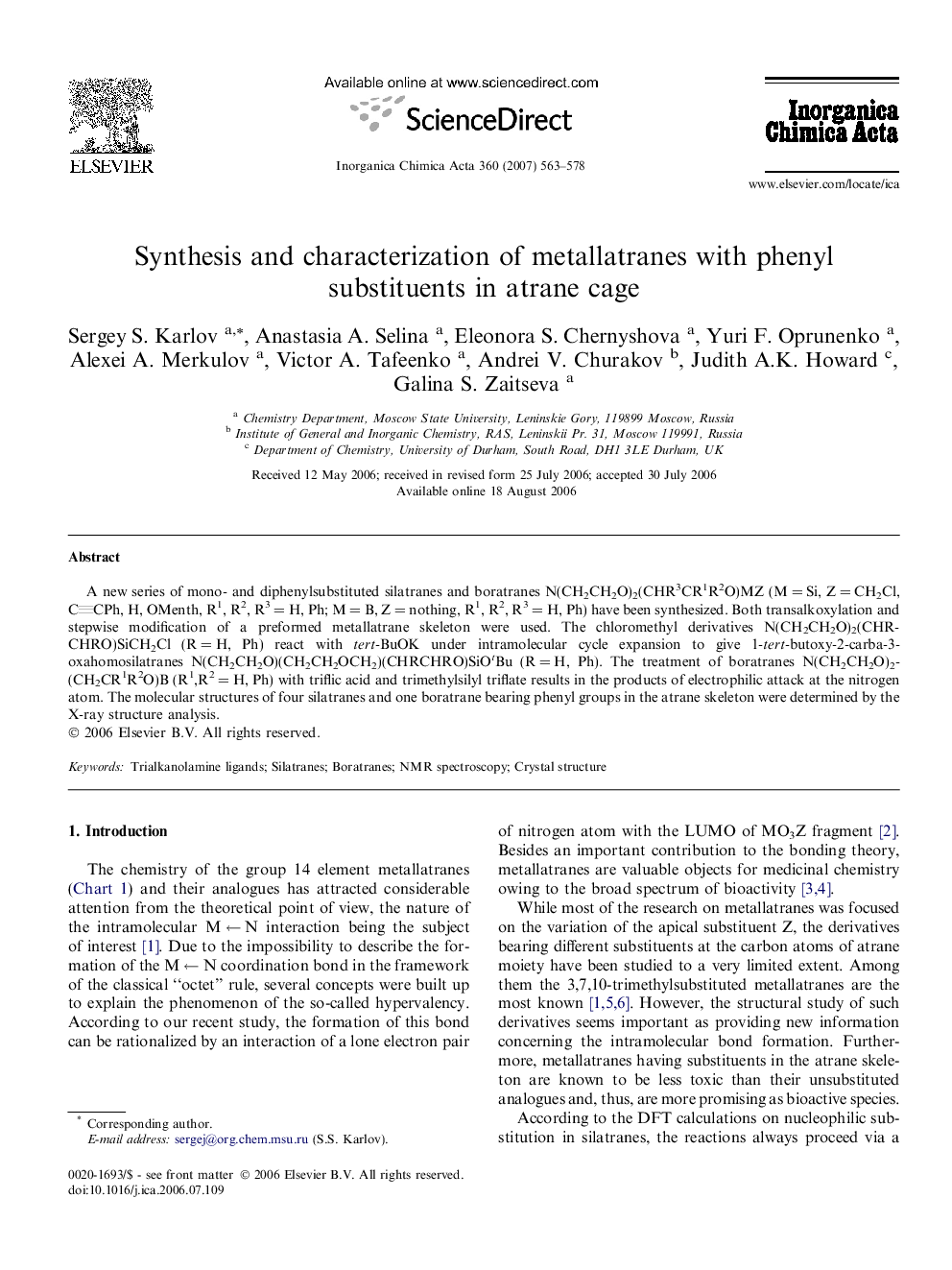 عکس صفحه اول مقاله: Synthesis and characterization of metallatranes with phenyl substituents in atrane cage Synthesis and characterization of metallatranes with phenyl substituents in atrane cage