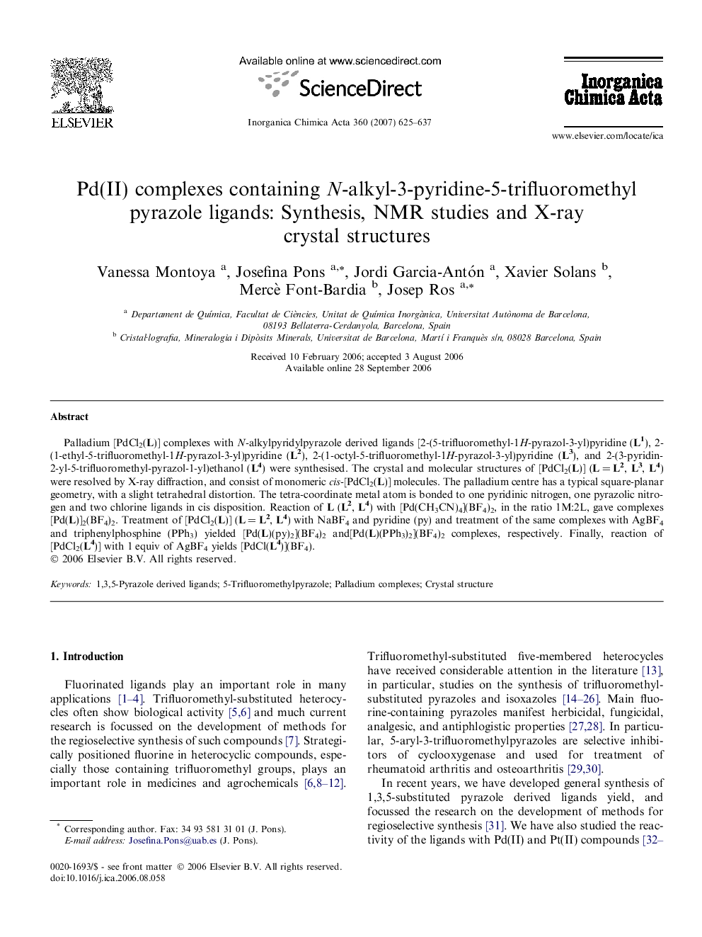 Pd(II) complexes containing N-alkyl-3-pyridine-5-trifluoromethyl pyrazole ligands: Synthesis, NMR studies and X-ray crystal structures