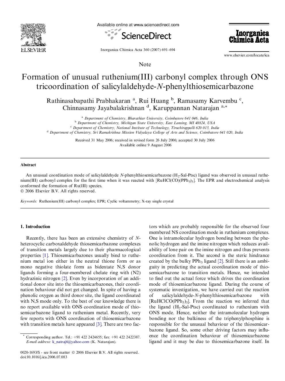 Formation of unusual ruthenium(III) carbonyl complex through ONS tricoordination of salicylaldehyde-N-phenylthiosemicarbazone